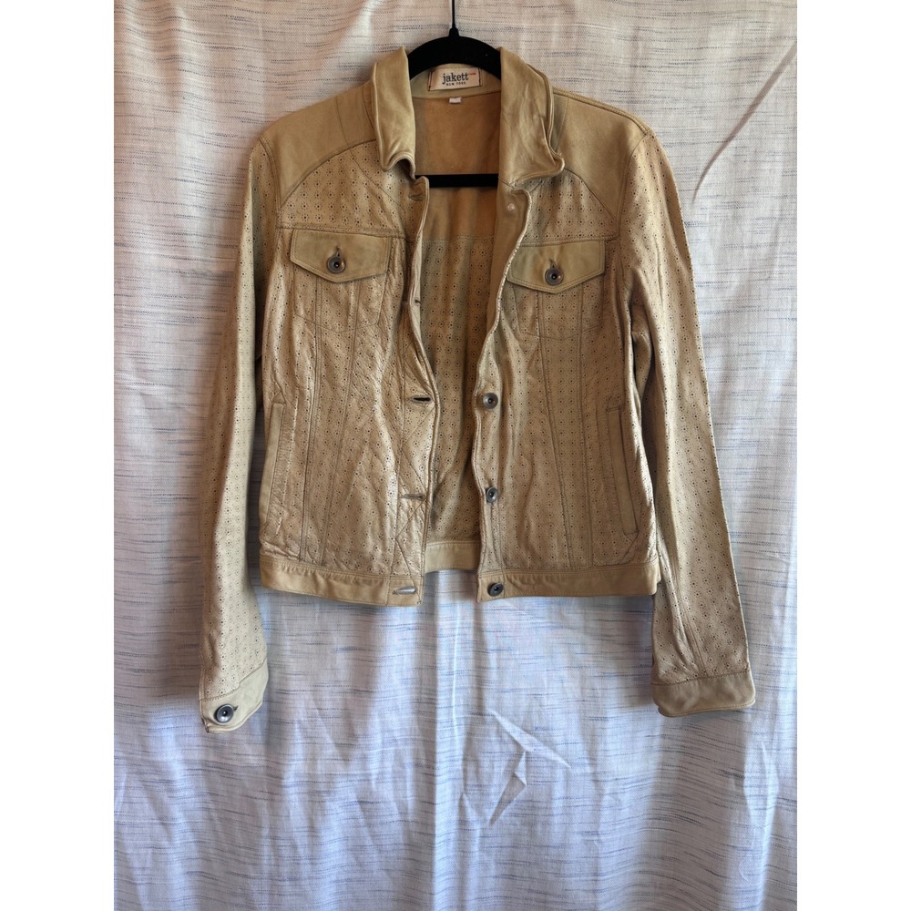 Jakett New York Tan Perforated Leather Jacket Small Beige Laser Cut Trucker